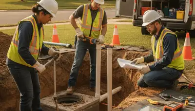 Septic repair technician servicing Dayton, OH home with plumbing equipment