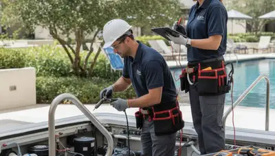 Spa repair technician servicing a home spa in Dayton, OH